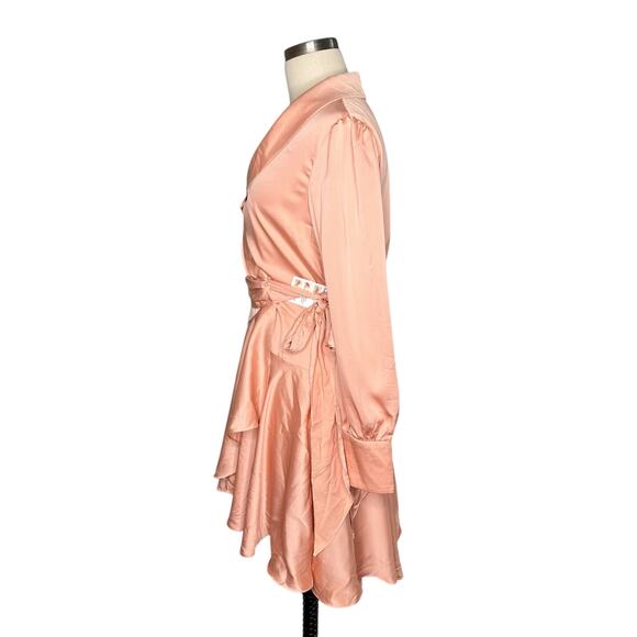 MAC DUGGAL Salmon A-Line Satin Long Sleeve Mini Dress Pink Wrap Small - Picture 3 of 10